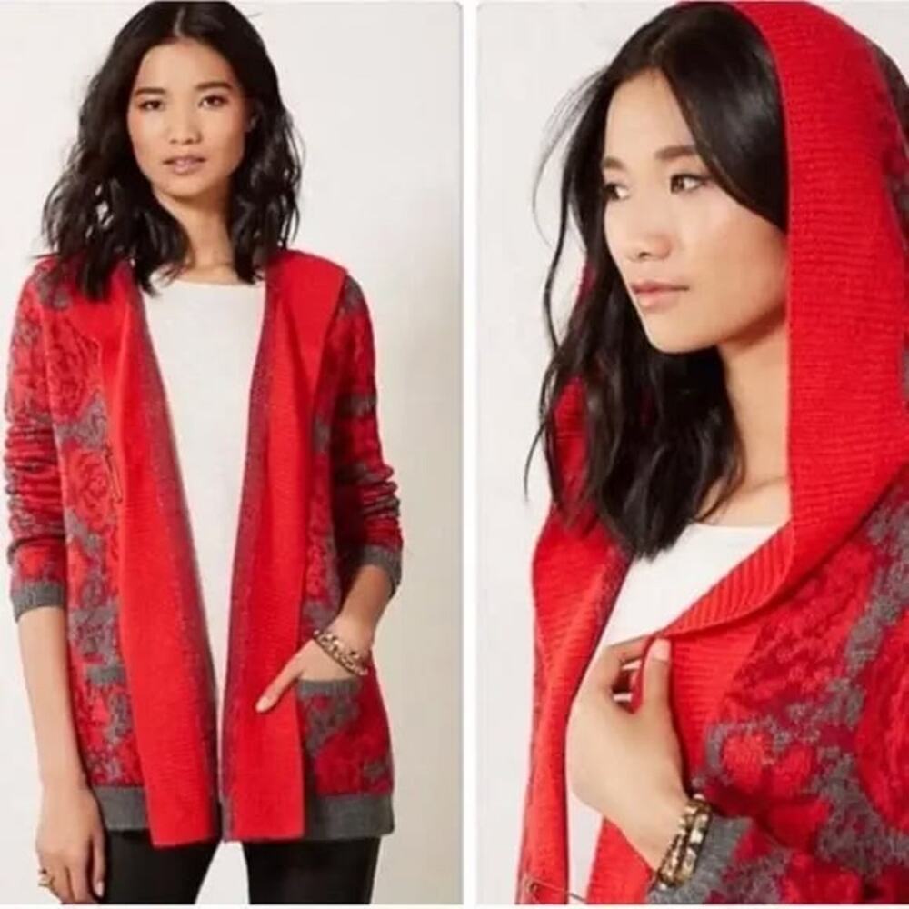 Anthropologie Sparrow Knit Maraschino Floral Print Hooded Cardigan Sweater